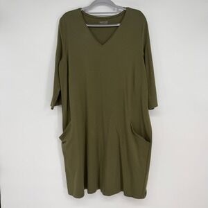 Eileen Fisher Olive Green V Neck Pocket‎ Dress Womens L Organic Cotton Lagenlook